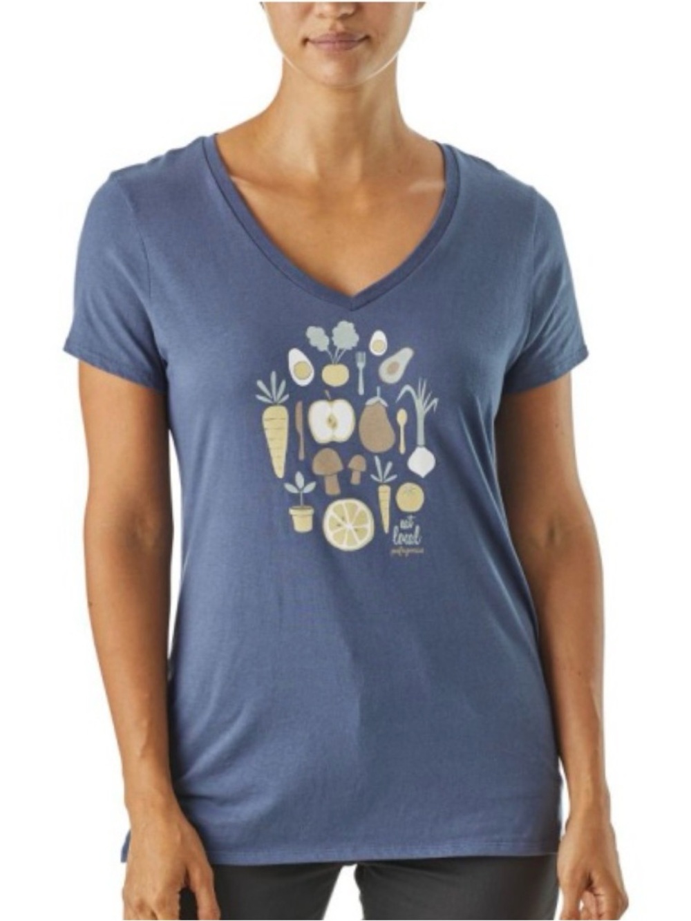 Patagonia Organic Cotton V-Neck T-Shirt Harvest Haul Eat Local Graphic Softspun